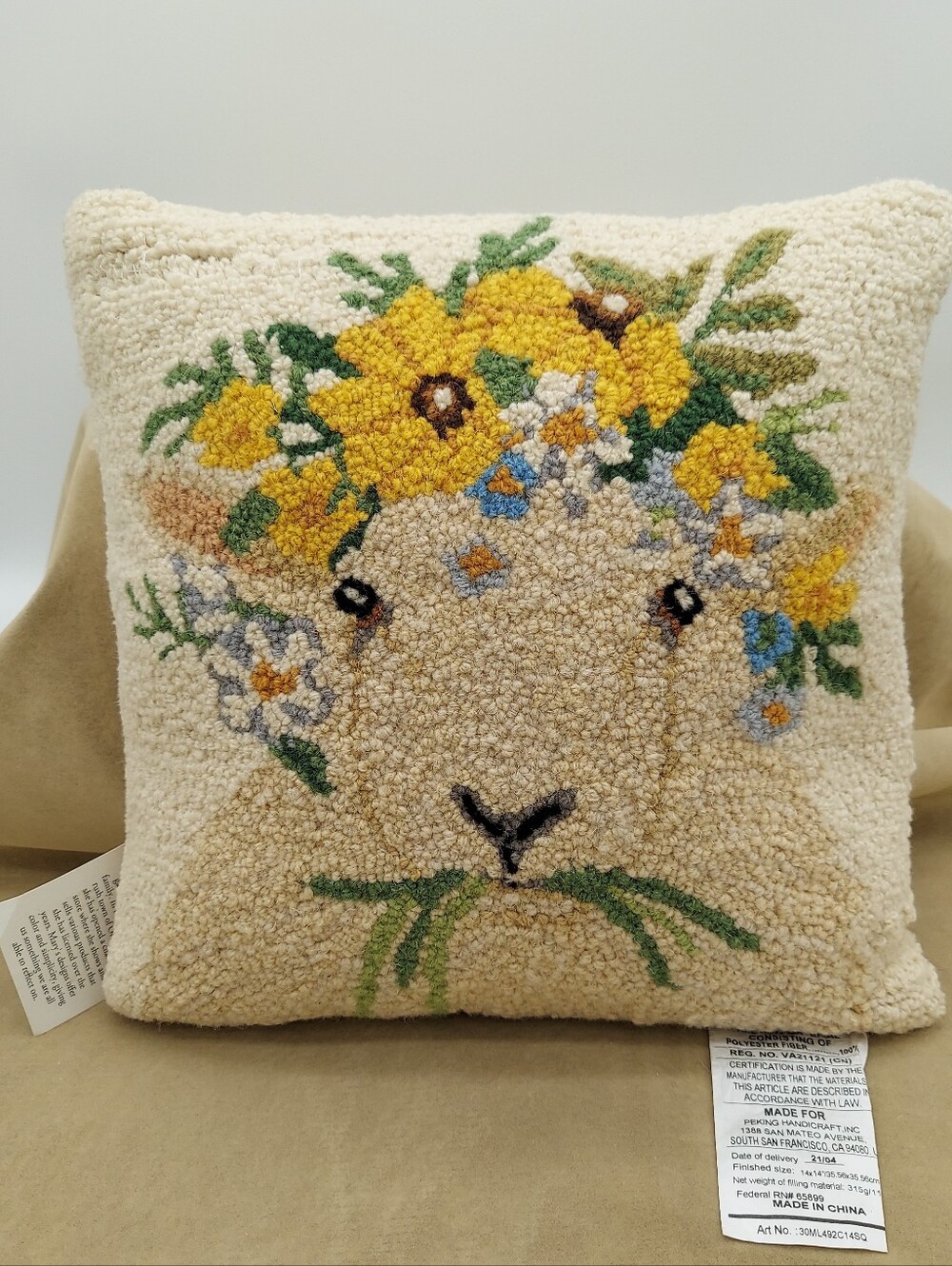 Peking Handicraft Mary Lake Spring Sheep Poly Filled Hook Pillow, 14-inch Square